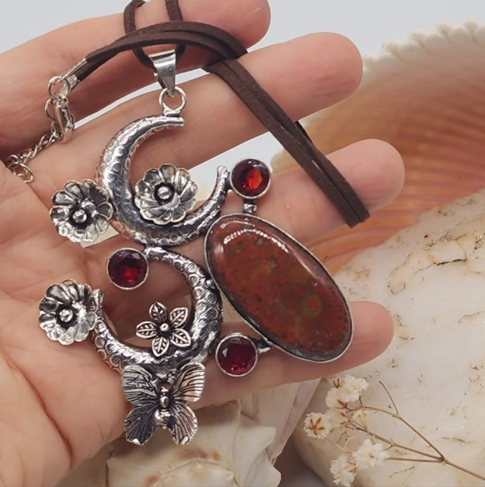Moon Silver 925 Necklace Pendant Natural Agate Cabochon Stone Leather Necklace